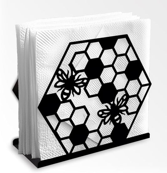 Honeycomb Bee Decorative Black Metal Napkin Holder for Table, 5.3" x 4.7" x 2" Insect Animal Standing Napkin Holder for Home Kitchen Restaurant Picnic Party Coffee Bar Dining Room