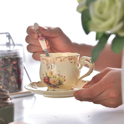 YOLIFE Tea Cup and Saucer Set, 8 OZ Flowering Shrubs Tea Cup Set | Ivory - Image 2