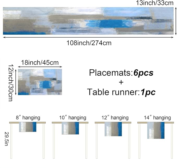 Light Blue Grey Table Runner & Placemats Set, Linen 108" Long | Abstract - Image 3