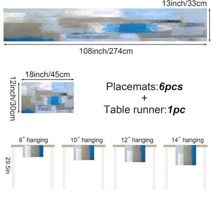 Light Blue Grey Table Runner & Placemats Set, Linen 108" Long | Abstract - Image 3