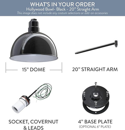 Steel Lighting Co. Hollywood Bowl Light | Outdoor Wall Mounted | 15 inch Bowl Dome | 20 inch Straight Arm | Barn Light Made in America | Black Exterior/White Interior