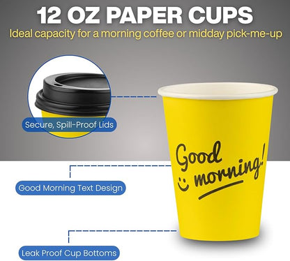 Disposable Coffee Cups with Lids, To Go Paper Hot Cups, Good Morning Design - Image 5