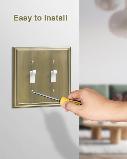 2-Pack Double Toggle Light Switch Cover Plate, Durable Solid Zinc Alloy Decorative Dual Switch Plate Covers, Antique Brass 2 Gang Wall Plate, Corrosion Resistant