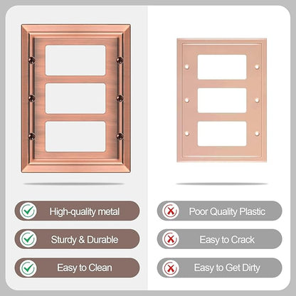 Metal Wall Plate for Electrical Outlets, Decorative Antique Copper Switch Plates Outlet Cover, Light Switch Cover Plate, 3-Gang Wall Plates (Triple Decoretor, 1 Pack)