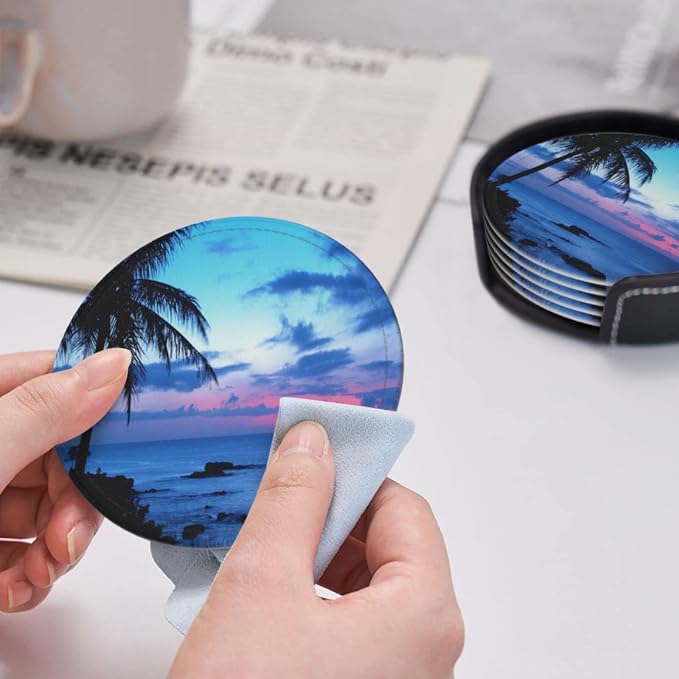6 Pcs Tropical Ocean Beach Palm Trees Leather Coasters - Image 6
