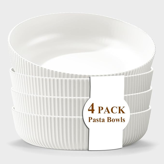 Kyraton Pasta Bowls Set of 4, 37oz Salad Bowls White Soup Bowls Large Pasta by Kyraton