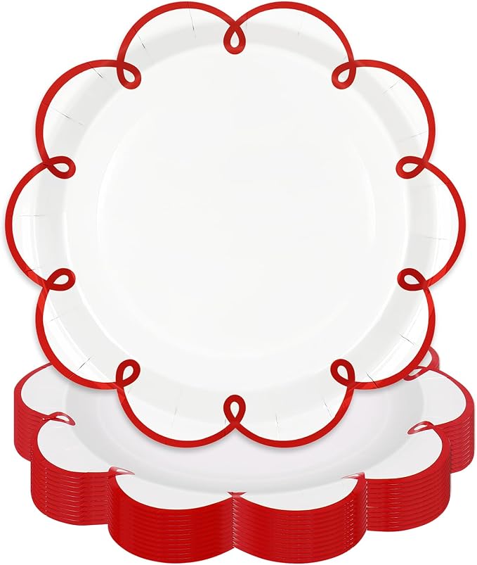 JarThenaAMCS 50 Pcs Red Edge Paper Plates Scalloped Disposable Plate Decorative by JarThenaAMCS