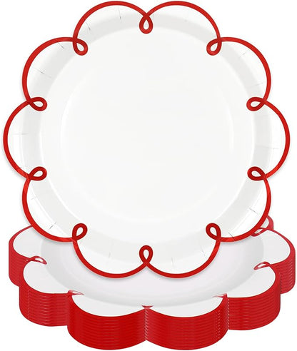 JarThenaAMCS 50 Pcs Red Edge Paper Plates Scalloped Disposable Plate Decorative by JarThenaAMCS