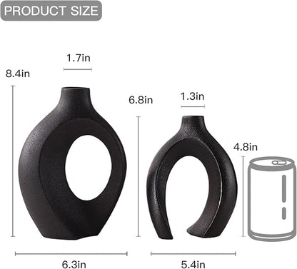 Snuggle Hollow Modern Ceramic Vase Set of 2, Mid Century Nordic Aesthetic Decorative Vase Decorative Vases for Home Table Decor (Matte Black W 6.3" X H 8.4")