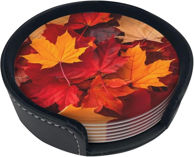 Autumn Fall Leaves Leather Coasters Set of 6 by Nameapo