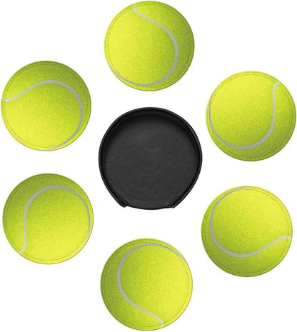 Tennis Ball Coasters for Drinks with Holder Round Leather Coasters Set of 6 Cups Mugs Mat Pad for Home Kitchen Bar