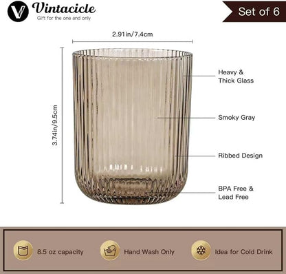 Smokey Gray Ribbed Highball Glasses Set of 6, 8.5oz Vintage Highball Tumblers - Image 2