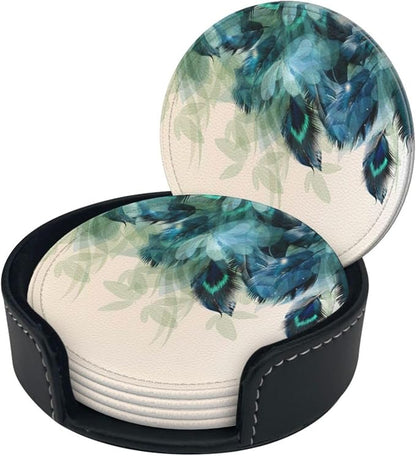 6 Pcs Peacock Feather Turquoise Bird Leather Coasters - Image 2