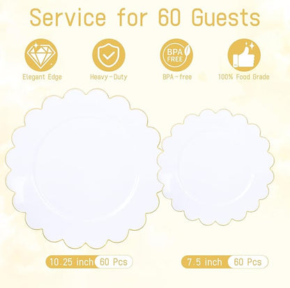 LIYH 120 Pcs White Plastic Scalloped Plates - Gold Fancy Disposable Plastic Plates Includes 60 Dinner 10.25" & 60 Dessert Plate 7.5" Elegant Gold Rim for Party Birthday Valentines Day
