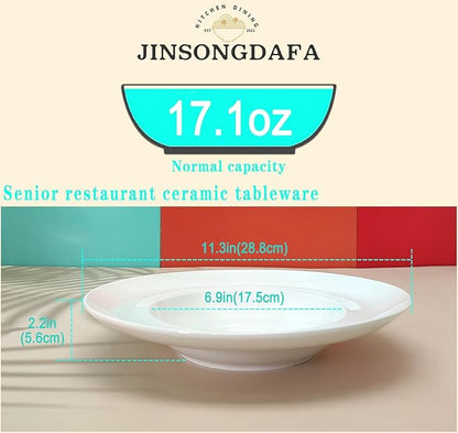 Pasta Plates with Rim 17.1 oz, Soup Bowl Pasta Bowl Set of 4, White Shallow Bowl Plate, Ceramic Wide Rimmed Soup Bowl, Best choice for high-end restaurants, hotels, and foodies, 11.3 Inch