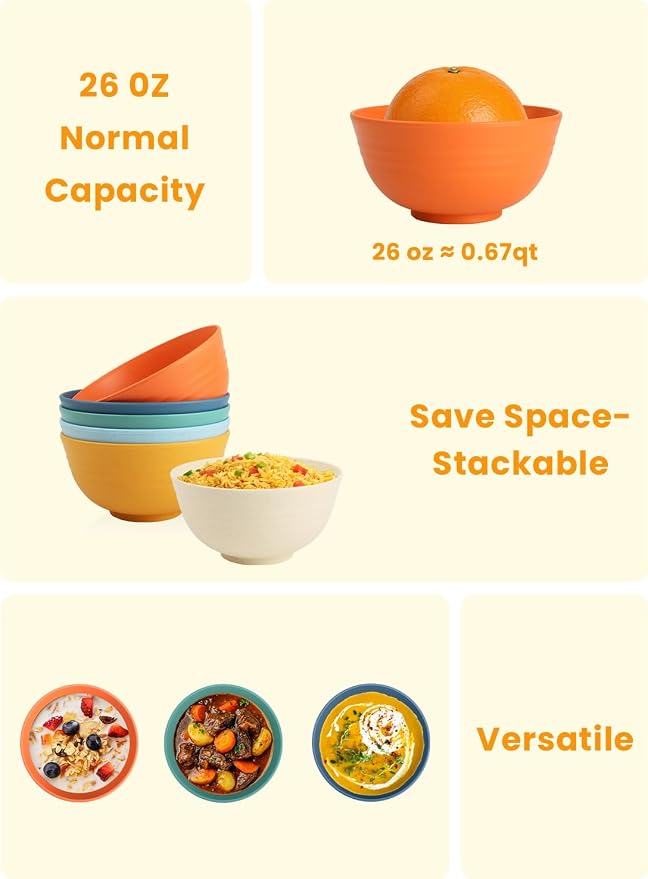 Wheat Starw Cereal Bowls, Unbreakable Bowl Set 6 PCS, Microwave and Dishwasher - Image 4