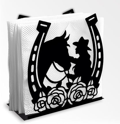 Cowgirl Horse Decorative Black Metal Napkin Holder for Table, 4.9" x 5.3" x 2" Flower Horseshoe Standing Napkin Holder for Home Kitchen Restaurant Picnic Party Coffee Bar Dining Room
