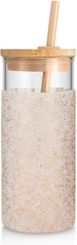 Tronco 20 oz Glass Tumbler with Lid and Straw, Iced Coffee Cup and Smoothie Cup with Bamboo Lids & Protective Silicone Sleeve, Dishwasher Safe, BPA-Free, Glass Cup 1 Pack