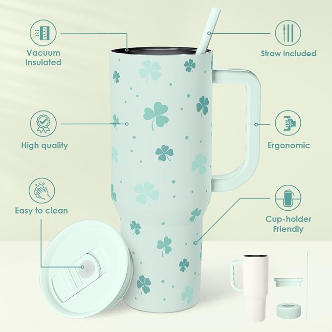 40oz Shamrock Tumbler with Handle and Straw - Image 2