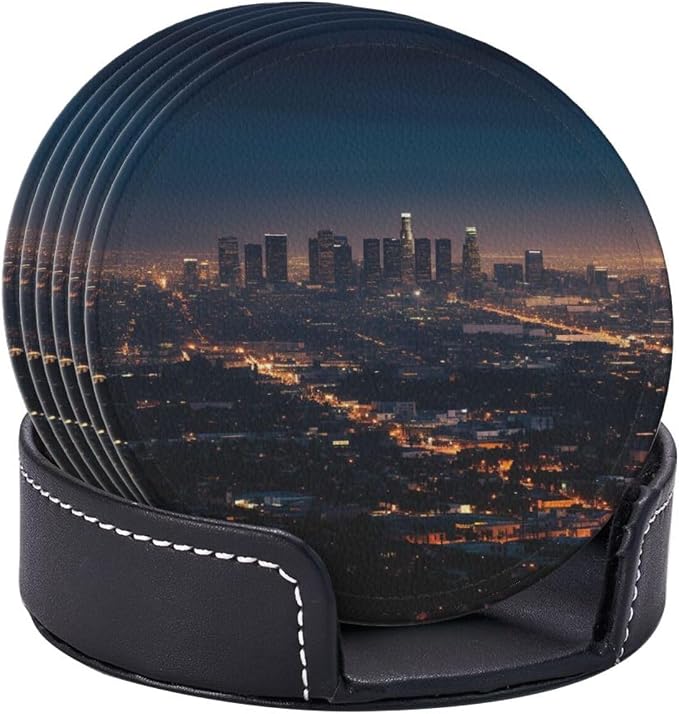 6Pcs PU Leather Coaster for Drinks, Los Angeles Skyline Cup Coasters - Image 9