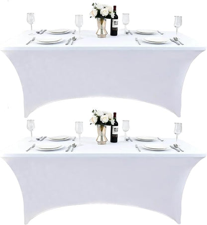 2-Pack 4ft White Spandex Table Covers for Rectangular Folding Tables - Wrinkle Resistant Stretch Tight Table Cloths - Ultimate Fitted Table Protector for Parties, Banquet, and Wedding
