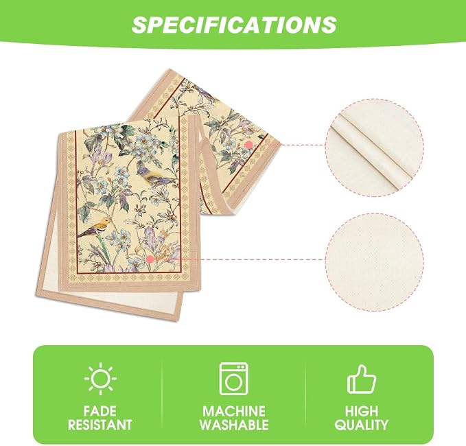 Artoid Mode Beige Birds Floral Blossom Table Runner, Seasonal Flowers Spring - Image 5