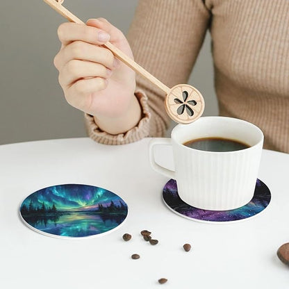 Northern Lights Coasters for Drinks with Holder Round Leather Coasters Set of 6 Cups Mugs Mat Pad for Home Kitchen Bar