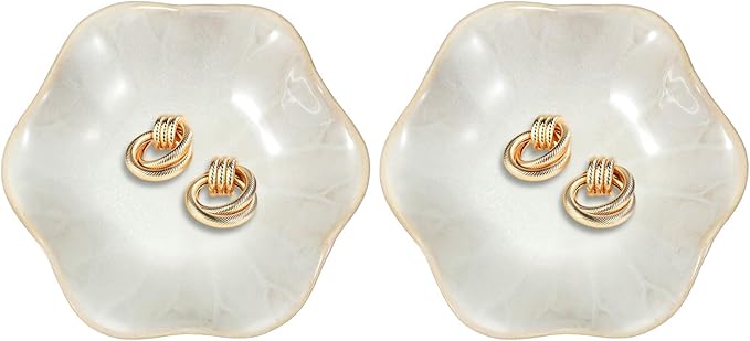 uxcell 2Pcs Ceramics Jewelry Plate, Lotus Leaf Shape Key Holder Bowl for Entryway Table Decor Small Ring Tray Dish Gift for Women Girlfriend, White