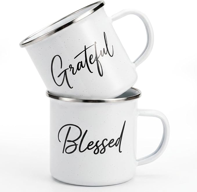 Willinglong 2 Pcs Grateful Blessed Campfire Mug Enamel Coffee Mug Set Thank You by Willinglong
