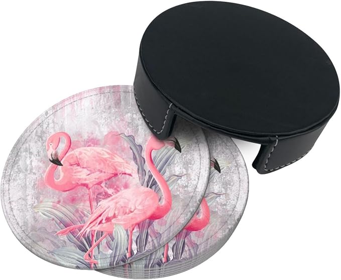 6 Pcs Pink Cute Flamingo Modern Art Boho Leather Coasters - Image 4