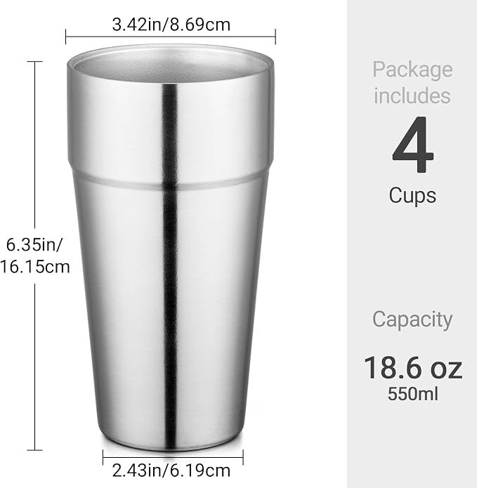 Beasea Stainless Steel Cups 19 oz, 4 Pack Large 18.6oz 550ml Stackable - Image 2