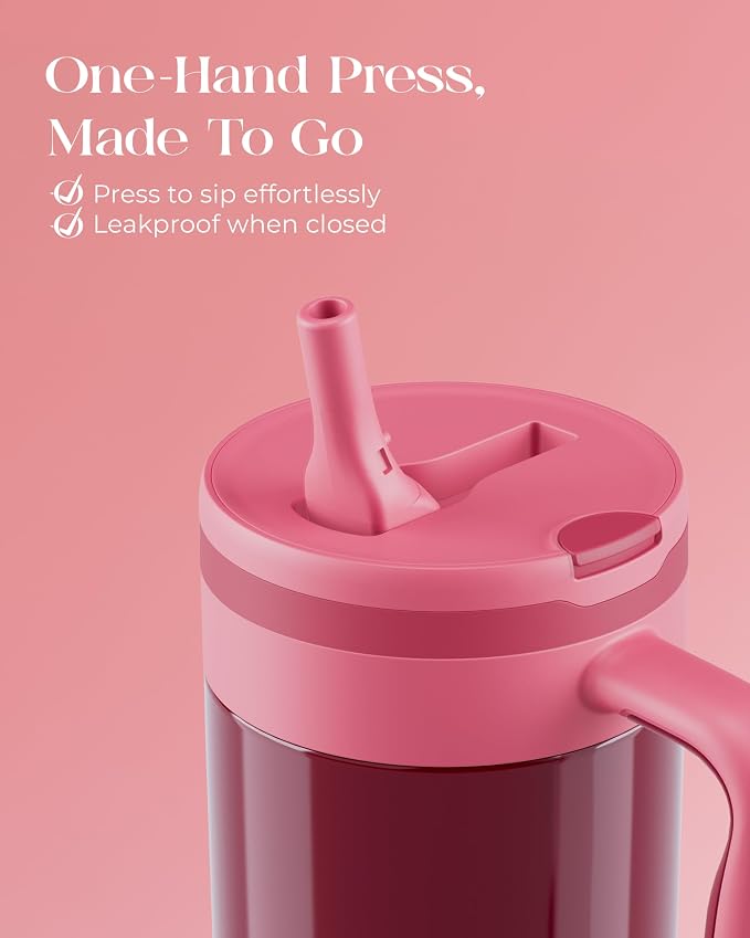40 oz Insulated Tumbler with Handle and Push-Button Straw Lid, Stainless Steel - Image 3