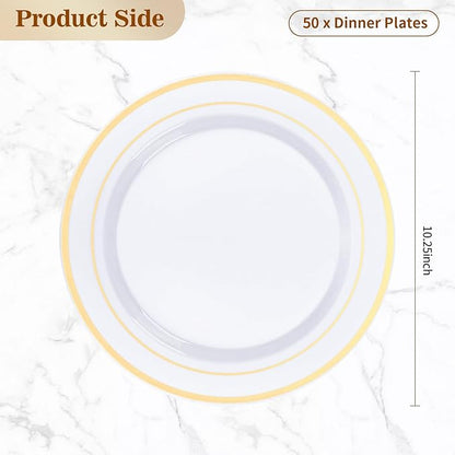 BESTVIP 50PCS Gold Plastic Plates, 10.25 Inch Disposable Dinner Plate Party with Gold Rim, Heavy Duty Disposable Plastic Plates for Christmas, Thanksgiving, Party, Wedding and Birthday