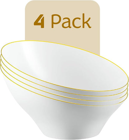 PLASTICPRO Angled Plastic Bowls Disposable Medium Plastic White Serving Bowls with Gold Rim for Party for Appetizer Salads Pack of 4