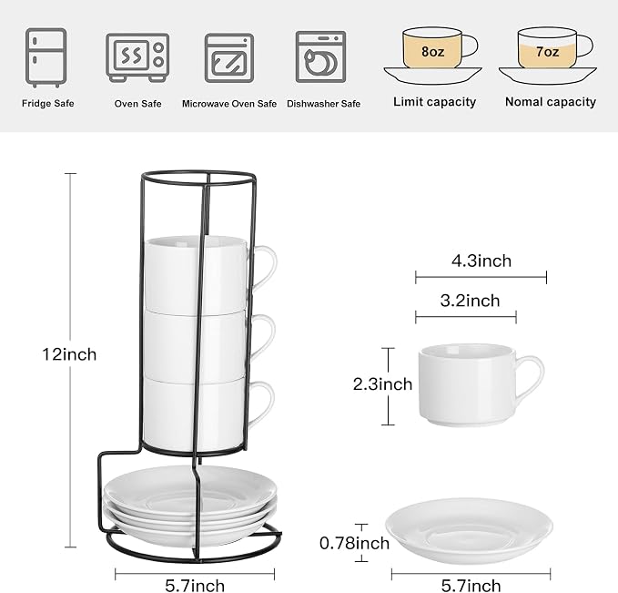 Cappuccino Cups Set of 4, 8oz Stackable Coffee Cups Set - Image 2