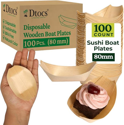 Dtocs Disposable Wooden Boat Plates 100 Pc – 80 mm Biodegradable Wood Serving Boats | Eco-Friendly Food Boats for Sushi, Desserts, Dips, Sauces | Alternate to Plastic, Bamboo, Paper Plates