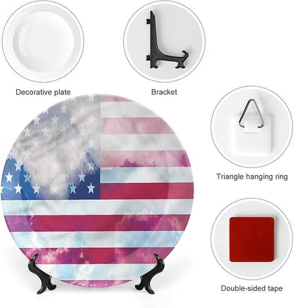 Ceramic Display Plate, American Flag Ceramic Hanging Decorative Plate, Flag Clouds Memorial, 7 Inch, Living Room Kitchen Decoration Household, Multicolor