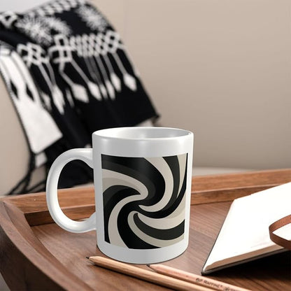 Minimalist Abstract Swirling Shapes Black Beige Ceramic Cup, Elegant Coffee Mug - Image 2