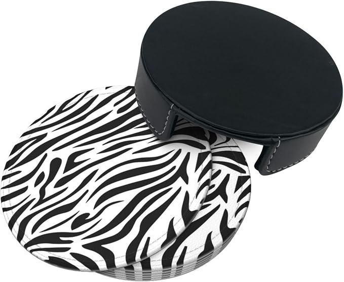 Drink Coasters with Holder Stand Set of 6, Zebra Stripes Print Pu Leather - Image 7