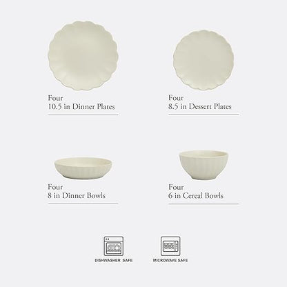 Gibson Elite Malibu Shore 16 Piece Scallop Stoneware Reactive Glaze (Service for 4) Ceramic Plates and Bowls Dinnerware Set - Cream White