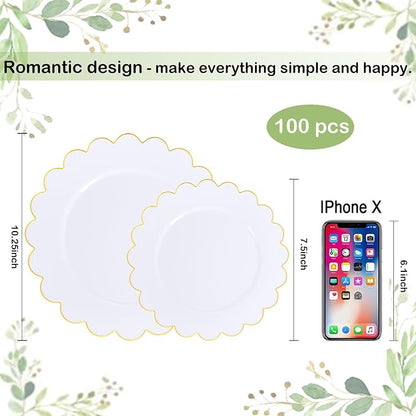 100Pcs White Gold Scalloped Plastic Dinner Plates Set - Image 8