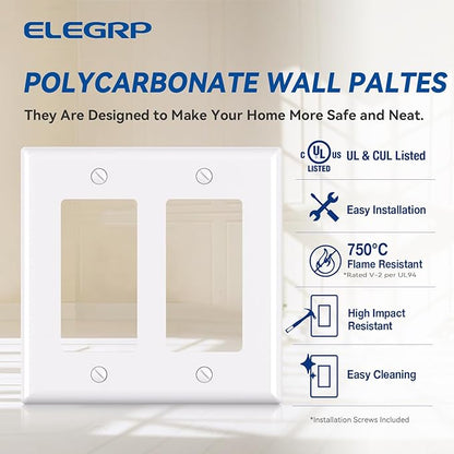 ELEGRP 2-Gang Decorative Wall Plates 2 Pack, Standard Size 4.53" H x 4.57" L Unbreakable Thermoplastic Faceplate Cover for Decorator Receptacle Outlet Switch, UL Listed (Glossy White)