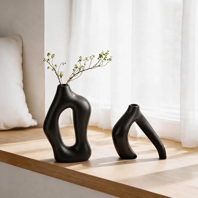 Dowan Black Vases for Decor, Hollow Ceramic Vase Set of 2, 8.3" Nordic Modern - Image 7