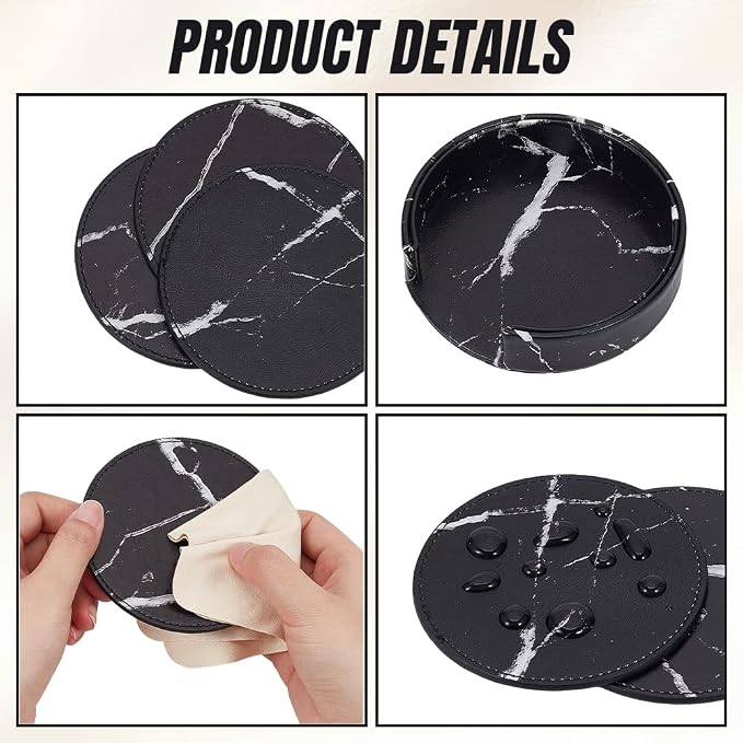 6PCS 4 Inch Black Marble PU Leather Round Cup Holders Coasters - Image 5