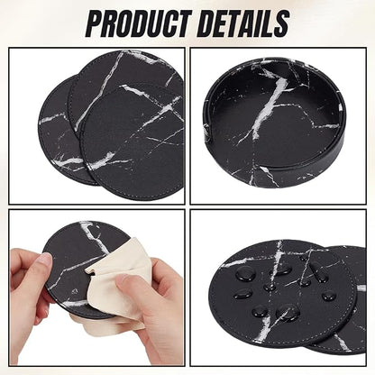 6PCS 4 Inch Black Marble PU Leather Round Cup Holders Coasters - Image 5