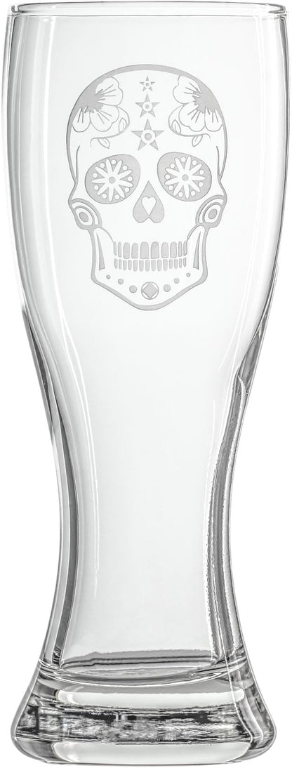 Rolf Glass Sugar Skull 20oz Beer Pilsner | Set of 4 | Large Craft Beer Glasses | Designed and engraved in the USA