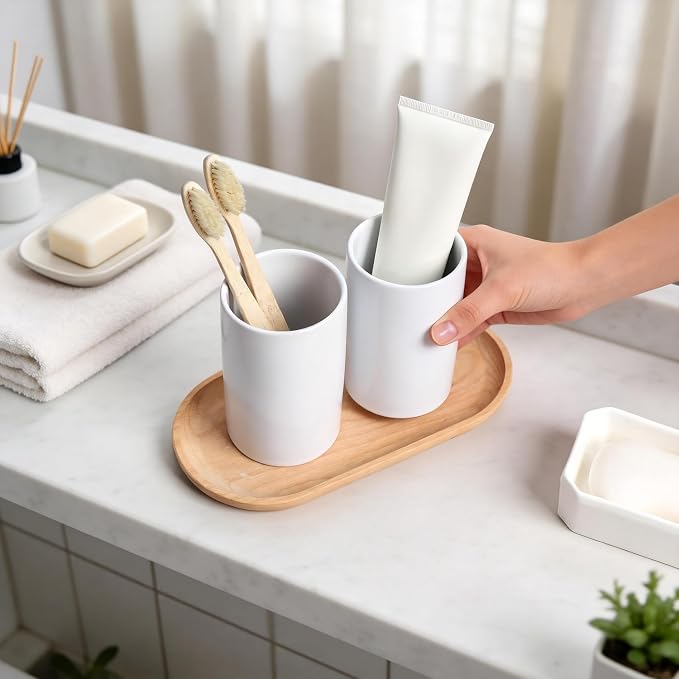 Gaolinci 2 Pcs Simple Solid Color Ceramic Mouthwash Cups, Bathroom Brushing Cup - Image 4