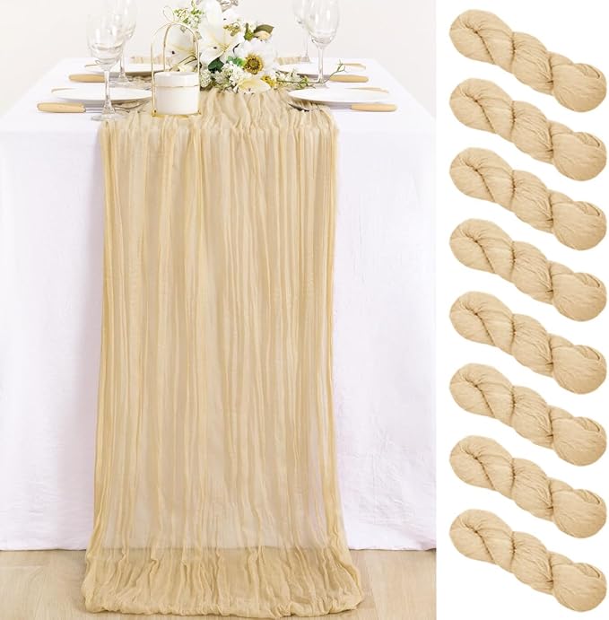 8 Pack Champagne Cheesecloth Table Runner 10ft Boho Sand Gauze Decor | by MLMC
