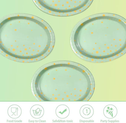 50Pcs Sage Green Oval Paper Plates 10" x 12" Large Disposable Sage Green and Gold Party Supplies Dessert Paper Plates Gold Dot Light Green Platter for Baby Shower Birthday Wedding Party Decorations