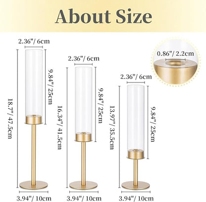Hewory Gold Candle Holders - 6Pcs Brass Hurricane Candlestick Holders with Glass Candle Cover for Wedding Table Centerpiece Christmas Decor